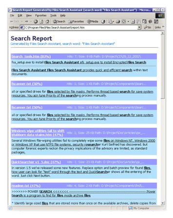 Report generated by File Search Assistant can be easily printed, saved and sent by e-mail